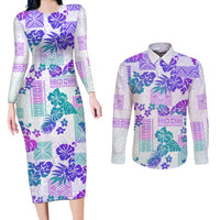 Vintage Hawaii Couples Matching Long Sleeve Bodycon Dress and Long Sleeve Button Shirt Hibiscus Tapa Tribal With Hawaiian Quilt Pattern Purple LT9 - Wonder Print Shop