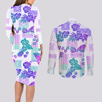 Vintage Hawaii Couples Matching Long Sleeve Bodycon Dress and Long Sleeve Button Shirt Hibiscus Tapa Tribal With Hawaiian Quilt Pattern Purple LT9 - Wonder Print Shop