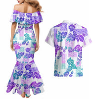 Vintage Hawaii Couples Matching Mermaid Dress and Hawaiian Shirt Hibiscus Tapa Tribal With Hawaiian Quilt Pattern Purple LT9 - Wonder Print Shop