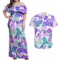 Vintage Hawaii Couples Matching Off Shoulder Maxi Dress and Hawaiian Shirt Hibiscus Tapa Tribal With Hawaiian Quilt Pattern Purple LT9 - Wonder Print Shop