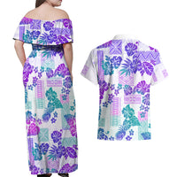 Vintage Hawaii Couples Matching Off Shoulder Maxi Dress and Hawaiian Shirt Hibiscus Tapa Tribal With Hawaiian Quilt Pattern Purple LT9 - Wonder Print Shop