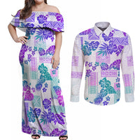 Vintage Hawaii Couples Matching Off Shoulder Maxi Dress and Long Sleeve Button Shirt Hibiscus Tapa Tribal With Hawaiian Quilt Pattern Purple LT9 - Wonder Print Shop