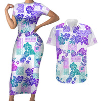 Vintage Hawaii Couples Matching Short Sleeve Bodycon Dress and Hawaiian Shirt Hibiscus Tapa Tribal With Hawaiian Quilt Pattern Purple LT9 - Wonder Print Shop