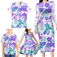 Vintage Hawaii Family Matching Long Sleeve Bodycon Dress and Hawaiian Shirt Hibiscus Tapa Tribal With Hawaiian Quilt Pattern Purple LT9 - Wonder Print Shop