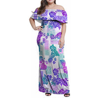 Vintage Hawaii Family Matching Off Shoulder Maxi Dress and Hawaiian Shirt Hibiscus Tapa Tribal With Hawaiian Quilt Pattern Purple LT9 - Wonder Print Shop