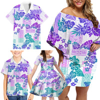 Vintage Hawaii Family Matching Off Shoulder Short Dress and Hawaiian Shirt Hibiscus Tapa Tribal With Hawaiian Quilt Pattern Purple LT9 - Wonder Print Shop