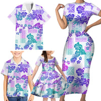 Vintage Hawaii Family Matching Short Sleeve Bodycon Dress and Hawaiian Shirt Hibiscus Tapa Tribal With Hawaiian Quilt Pattern Purple - Wonder Print Shop
