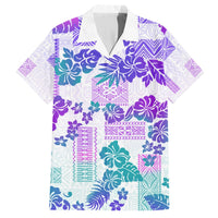 Purple vintage Hawaiian short-sleeve shirt with floral and geometric patchwork pattern