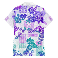 Purple Hawaiian short-sleeve shirt with hibiscus, flowers, and tribal patchwork motifs