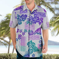 Men's purple Hawaiian short-sleeve shirt with hibiscus and tribal patchwork design