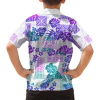 Kids purple Hawaiian short-sleeve shirt, back view, with hibiscus floral patchwork