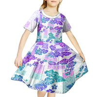 Vintage Hawaii Kid Short Sleeve Dress Hibiscus Tapa Tribal With Hawaiian Quilt Pattern Purple - Wonder Print Shop