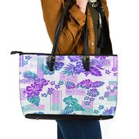 Vintage Hawaii Leather Tote Bag Hibiscus Tapa Tribal With Hawaiian Quilt Pattern Purple - Wonder Print Shop