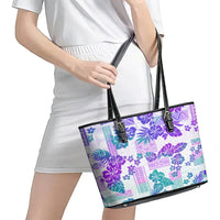 Vintage Hawaii Leather Tote Bag Hibiscus Tapa Tribal With Hawaiian Quilt Pattern Purple - Wonder Print Shop