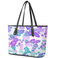 Vintage Hawaii Leather Tote Bag Hibiscus Tapa Tribal With Hawaiian Quilt Pattern Purple - Wonder Print Shop