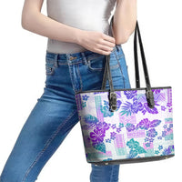 Vintage Hawaii Leather Tote Bag Hibiscus Tapa Tribal With Hawaiian Quilt Pattern Purple - Wonder Print Shop