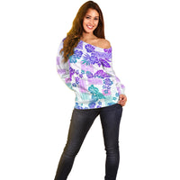 Vintage Hawaii Off Shoulder Sweater Hibiscus Tapa Tribal With Hawaiian Quilt Pattern Purple - Wonder Print Shop