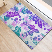 Vintage Hawaii Rubber Doormat Hibiscus Tapa Tribal With Hawaiian Quilt Pattern Purple - Wonder Print Shop