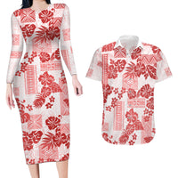 Vintage Hawaii Couples Matching Long Sleeve Bodycon Dress and Hawaiian Shirt Hibiscus Tapa Tribal With Hawaiian Quilt Pattern Red LT9 - Wonder Print Shop