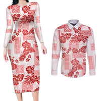 Vintage Hawaii Couples Matching Long Sleeve Bodycon Dress and Long Sleeve Button Shirt Hibiscus Tapa Tribal With Hawaiian Quilt Pattern Red LT9 - Wonder Print Shop