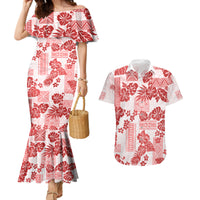 Vintage Hawaii Couples Matching Mermaid Dress and Hawaiian Shirt Hibiscus Tapa Tribal With Hawaiian Quilt Pattern Red LT9 - Wonder Print Shop