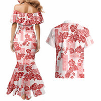 Vintage Hawaii Couples Matching Mermaid Dress and Hawaiian Shirt Hibiscus Tapa Tribal With Hawaiian Quilt Pattern Red LT9 - Wonder Print Shop