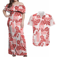 Vintage Hawaii Couples Matching Off Shoulder Maxi Dress and Hawaiian Shirt Hibiscus Tapa Tribal With Hawaiian Quilt Pattern Red LT9 - Wonder Print Shop