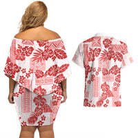 Vintage Hawaii Couples Matching Off Shoulder Short Dress and Hawaiian Shirt Hibiscus Tapa Tribal With Hawaiian Quilt Pattern Red LT9 - Wonder Print Shop