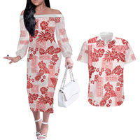 Vintage Hawaii Couples Matching Off The Shoulder Long Sleeve Dress and Hawaiian Shirt Hibiscus Tapa Tribal With Hawaiian Quilt Pattern Red LT9 - Wonder Print Shop