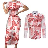 Vintage Hawaii Couples Matching Short Sleeve Bodycon Dress and Long Sleeve Button Shirt Hibiscus Tapa Tribal With Hawaiian Quilt Pattern Red LT9 - Wonder Print Shop