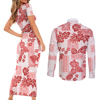 Vintage Hawaii Couples Matching Short Sleeve Bodycon Dress and Long Sleeve Button Shirt Hibiscus Tapa Tribal With Hawaiian Quilt Pattern Red LT9 - Wonder Print Shop