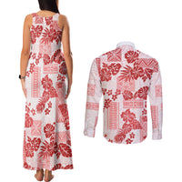 Vintage Hawaii Couples Matching Tank Maxi Dress and Long Sleeve Button Shirt Hibiscus Tapa Tribal With Hawaiian Quilt Pattern Red LT9 - Wonder Print Shop