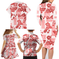 Vintage Hawaii Family Matching Long Sleeve Bodycon Dress and Hawaiian Shirt Hibiscus Tapa Tribal With Hawaiian Quilt Pattern Red LT9 - Wonder Print Shop