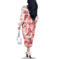 Vintage Hawaii Family Matching Off Shoulder Long Sleeve Dress and Hawaiian Shirt Hibiscus Tapa Tribal With Hawaiian Quilt Pattern Red - Wonder Print Shop