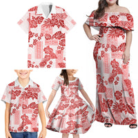 Vintage Hawaii Family Matching Off Shoulder Maxi Dress and Hawaiian Shirt Hibiscus Tapa Tribal With Hawaiian Quilt Pattern Red LT9 - Wonder Print Shop