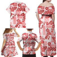 Vintage Hawaii Family Matching Off Shoulder Maxi Dress and Hawaiian Shirt Hibiscus Tapa Tribal With Hawaiian Quilt Pattern Red LT9 - Wonder Print Shop