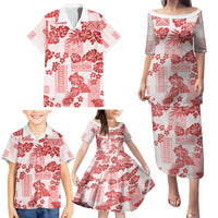Vintage Hawaii Family Matching Puletasi Dress and Hawaiian Shirt Hibiscus Tapa Tribal With Hawaiian Quilt Pattern Red - Wonder Print Shop