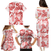 Vintage Hawaii Family Matching Puletasi Dress and Hawaiian Shirt Hibiscus Tapa Tribal With Hawaiian Quilt Pattern Red - Wonder Print Shop