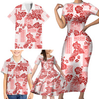 Vintage Hawaii Family Matching Short Sleeve Bodycon Dress and Hawaiian Shirt Hibiscus Tapa Tribal With Hawaiian Quilt Pattern Red - Wonder Print Shop