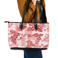 Vintage Hawaii Leather Tote Bag Hibiscus Tapa Tribal With Hawaiian Quilt Pattern Red - Wonder Print Shop