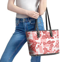 Vintage Hawaii Leather Tote Bag Hibiscus Tapa Tribal With Hawaiian Quilt Pattern Red - Wonder Print Shop