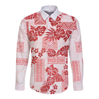 Vintage Hawaii Long Sleeve Button Shirt Hibiscus Tapa Tribal With Hawaiian Quilt Pattern Red - Wonder Print Shop