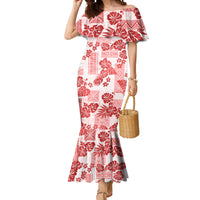 Vintage Hawaii Mermaid Dress Hibiscus Tapa Tribal With Hawaiian Quilt Pattern Red - Wonder Print Shop