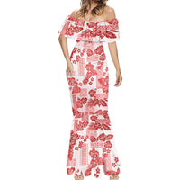 Vintage Hawaii Mermaid Dress Hibiscus Tapa Tribal With Hawaiian Quilt Pattern Red - Wonder Print Shop