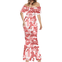 Vintage Hawaii Mermaid Dress Hibiscus Tapa Tribal With Hawaiian Quilt Pattern Red - Wonder Print Shop