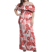 Vintage Hawaii Off Shoulder Maxi Dress Hibiscus Tapa Tribal With Hawaiian Quilt Pattern Red - Wonder Print Shop