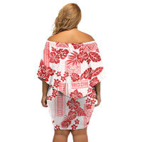 Vintage Hawaii Off Shoulder Short Dress Hibiscus Tapa Tribal With Hawaiian Quilt Pattern Red - Wonder Print Shop