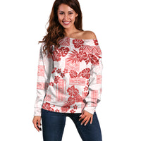Vintage Hawaii Off Shoulder Sweater Hibiscus Tapa Tribal With Hawaiian Quilt Pattern Red - Wonder Print Shop