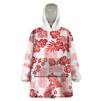 Vintage Hawaii Wearable Blanket Hoodie Hibiscus Tapa Tribal With Hawaiian Quilt Pattern Red - Wonder Print Shop