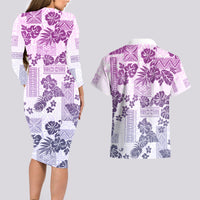 Vintage Hawaii Couples Matching Long Sleeve Bodycon Dress and Hawaiian Shirt Hibiscus Tapa Tribal With Hawaiian Quilt Pattern Violet LT9 - Wonder Print Shop